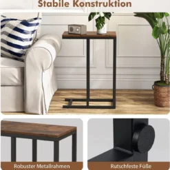 Beistelltisch C-Form Sofatisch mit Metallgestell Kaffeetisch für Wohnzimmer Rustikales Braun/Grau/Schwarz