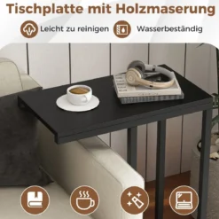 Beistelltisch C-Form Sofatisch mit Metallgestell Kaffeetisch für Wohnzimmer Rustikales Braun/Grau/Schwarz