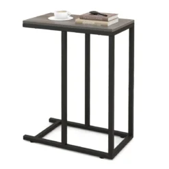 Beistelltisch C-Form Sofatisch mit Metallgestell Kaffeetisch für Wohnzimmer Rustikales Braun/Grau/Schwarz