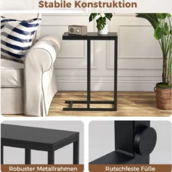 Beistelltisch C-Form Sofatisch mit Metallgestell Kaffeetisch für Wohnzimmer Rustikales Braun/Grau/Schwarz