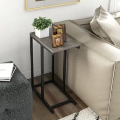 Beistelltisch C-Form Sofatisch mit Metallgestell Kaffeetisch für Wohnzimmer Rustikales Braun/Grau/Schwarz