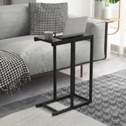 Beistelltisch C-Form Sofatisch mit Metallgestell Kaffeetisch für Wohnzimmer Rustikales Braun/Grau/Schwarz