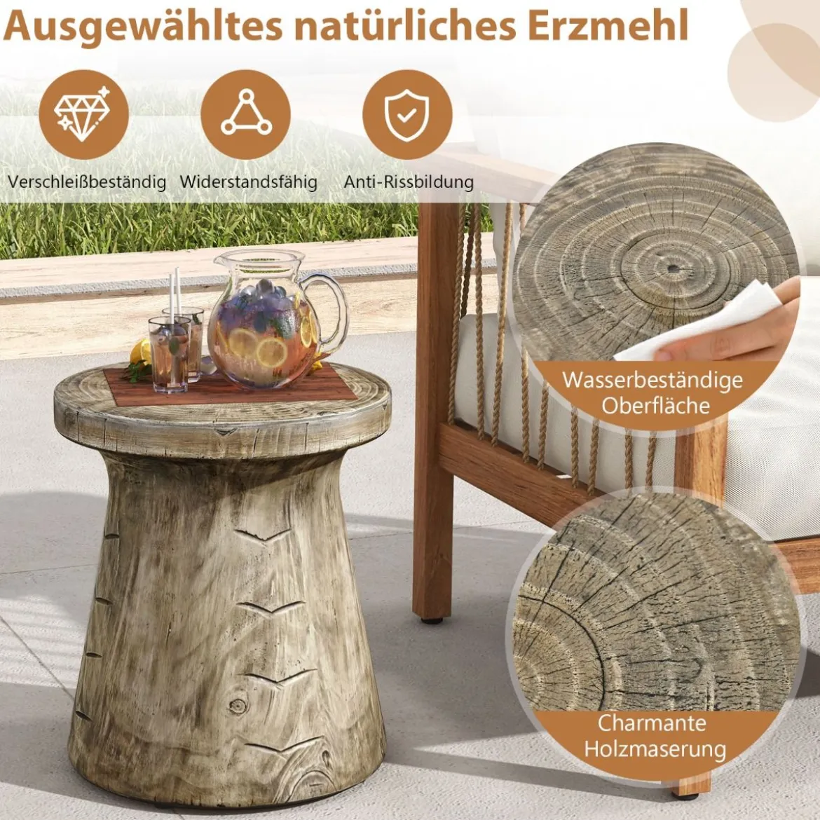 Beistelltisch drinnen & draußen pilzförmiger Pflanzenständer holzähnlicher Hocker wetterfester Tisch aus Naturstein mit Holzmaserung Natur