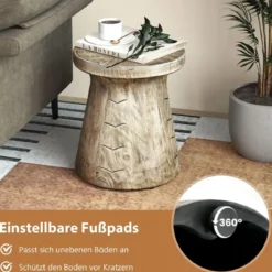 Beistelltisch drinnen & draußen pilzförmiger Pflanzenständer holzähnlicher Hocker wetterfester Tisch aus Naturstein mit Holzmaserung Natur