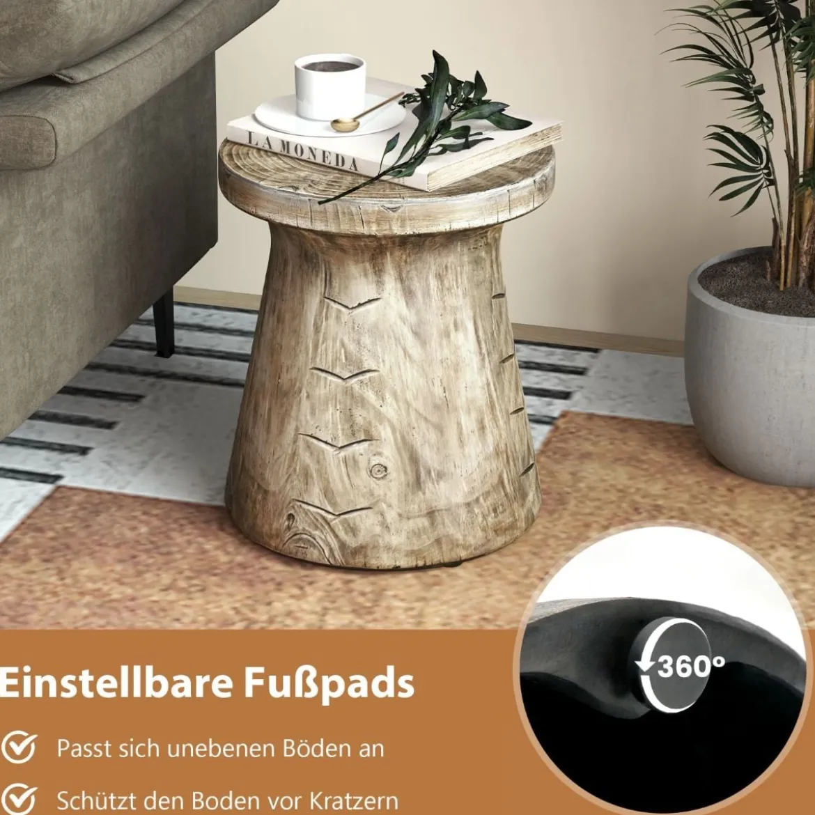 Beistelltisch drinnen & draußen pilzförmiger Pflanzenständer holzähnlicher Hocker wetterfester Tisch aus Naturstein mit Holzmaserung Natur