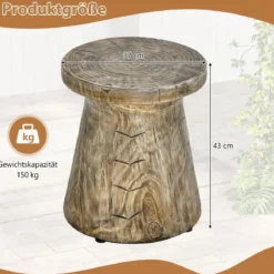 Beistelltisch drinnen & draußen pilzförmiger Pflanzenständer holzähnlicher Hocker wetterfester Tisch aus Naturstein mit Holzmaserung Natur