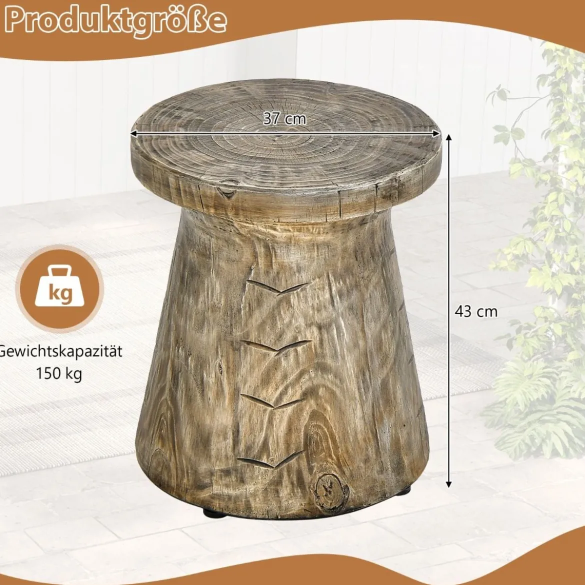 Beistelltisch drinnen & draußen pilzförmiger Pflanzenständer holzähnlicher Hocker wetterfester Tisch aus Naturstein mit Holzmaserung Natur