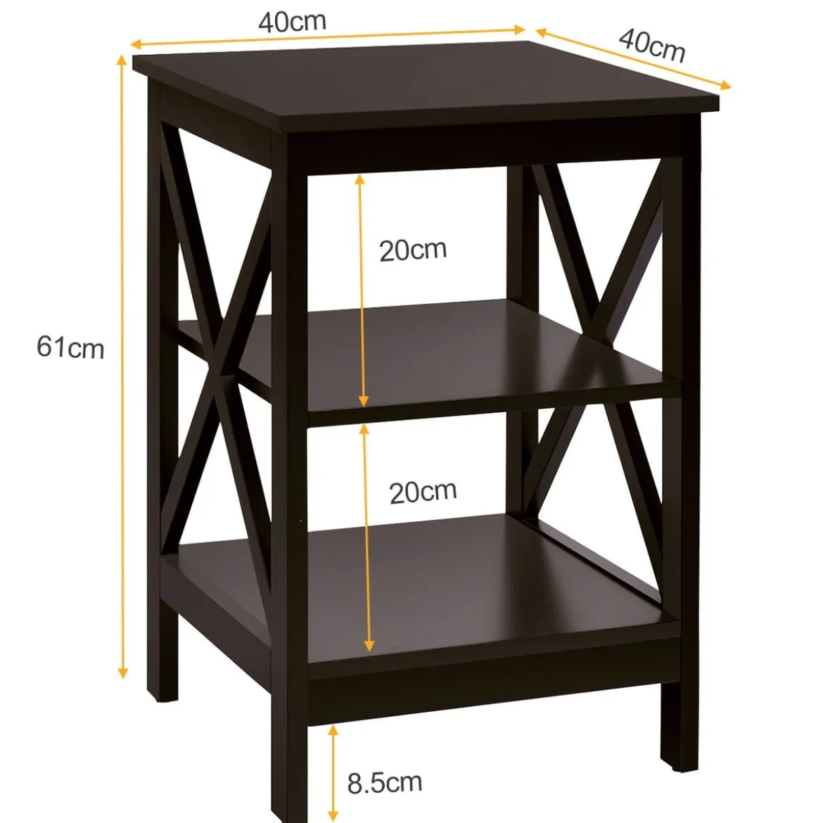 Beistelltisch 3 Ebenen Sofatisch Quadratisch Nachttisch fürs Bett 40 x 40 x 61 cm Kaffee