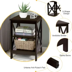 Beistelltisch 3 Ebenen Sofatisch Quadratisch Nachttisch fürs Bett 40 x 40 x 61 cm Kaffee