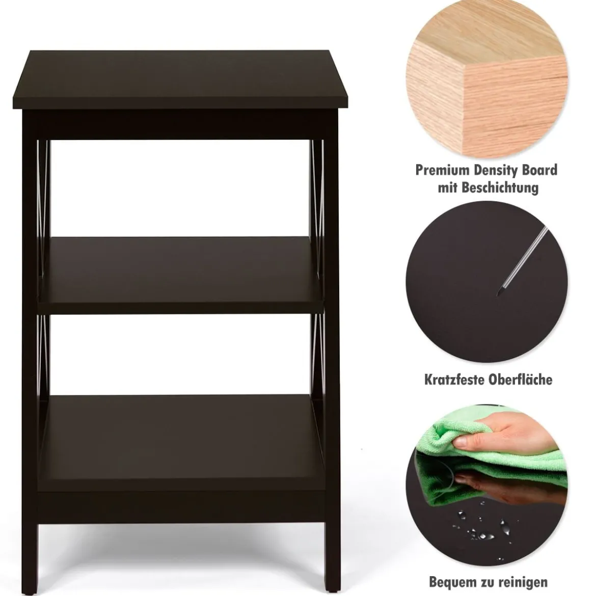 Beistelltisch 3 Ebenen Sofatisch Quadratisch Nachttisch fürs Bett 40 x 40 x 61 cm Kaffee