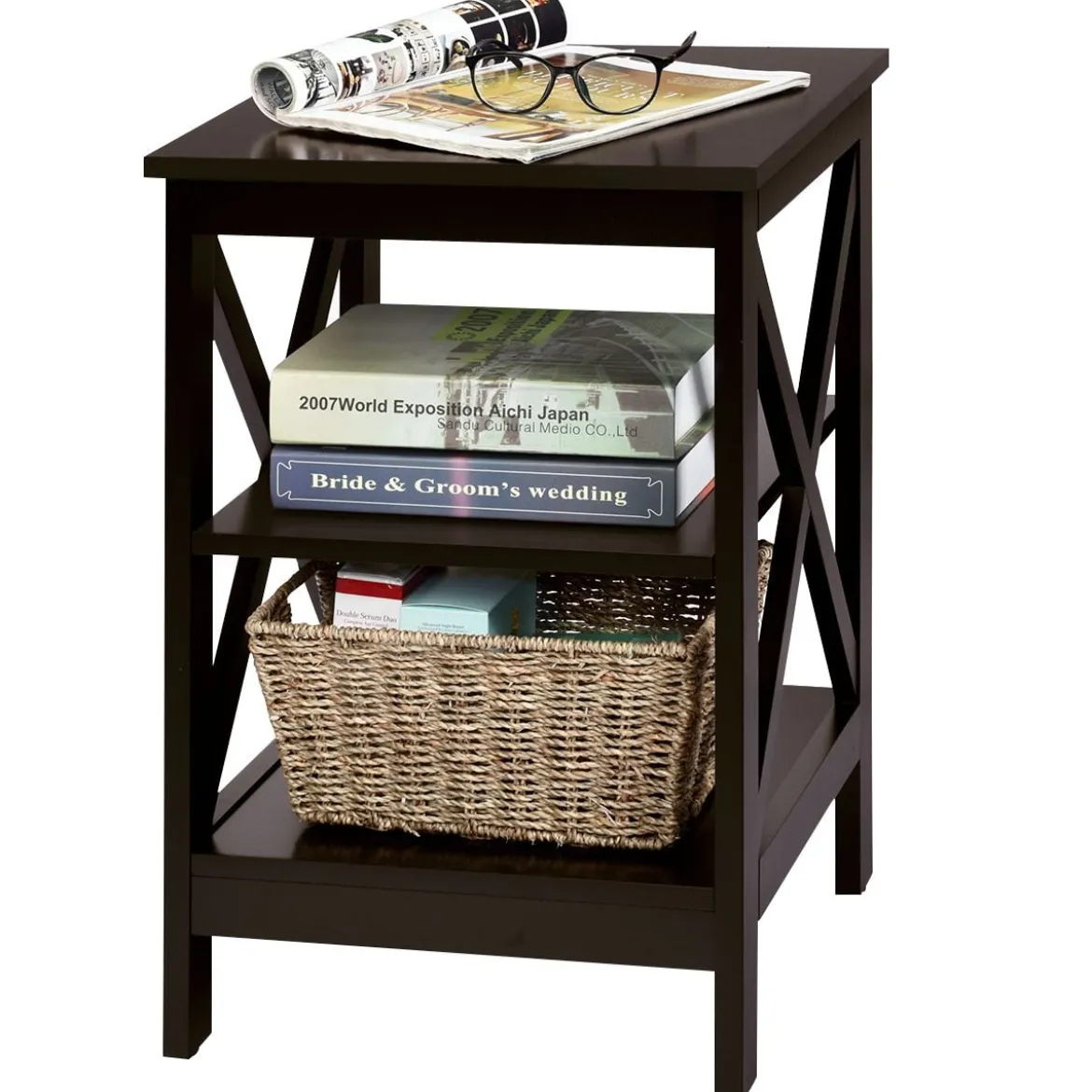 Beistelltisch 3 Ebenen Sofatisch Quadratisch Nachttisch fürs Bett 40 x 40 x 61 cm Kaffee