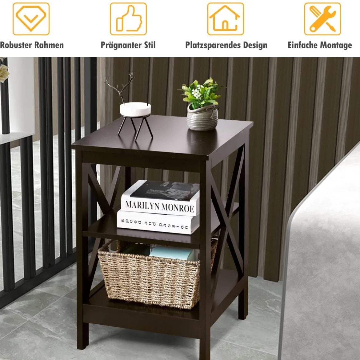 Beistelltisch 3 Ebenen Sofatisch Quadratisch Nachttisch fürs Bett 40 x 40 x 61 cm Kaffee