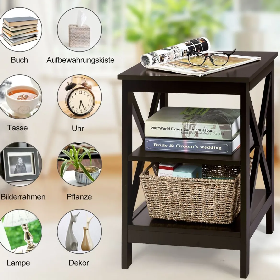 Beistelltisch 3 Ebenen Sofatisch Quadratisch Nachttisch fürs Bett 40 x 40 x 61 cm Kaffee