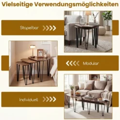 Beistelltisch 3er Set Verschachtelter Couchtisch in 3 Größen Satztisch mit Beinen aus Stahl Braun