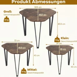 Beistelltisch 3er Set Verschachtelter Couchtisch in 3 Größen Satztisch mit Beinen aus Stahl Braun
