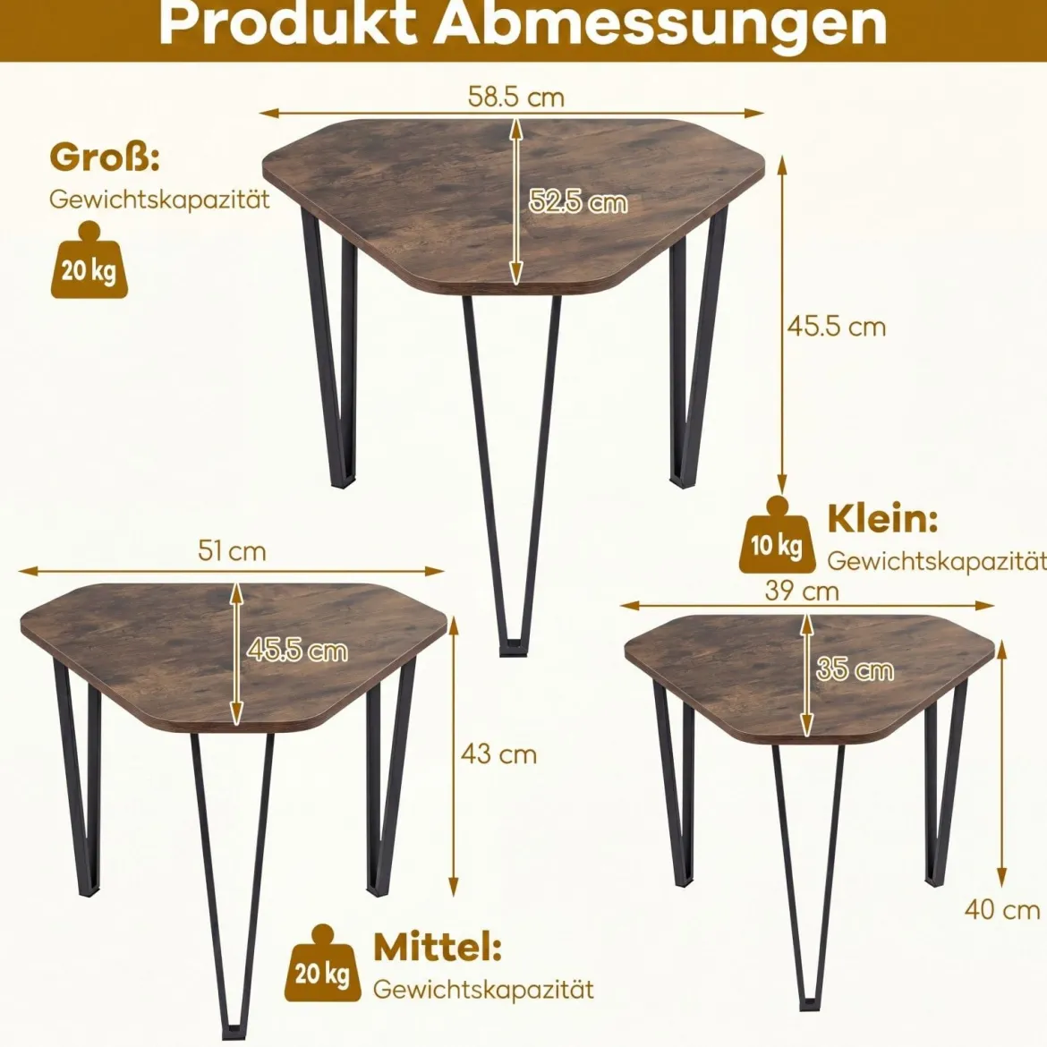Beistelltisch 3er Set Verschachtelter Couchtisch in 3 Größen Satztisch mit Beinen aus Stahl Braun