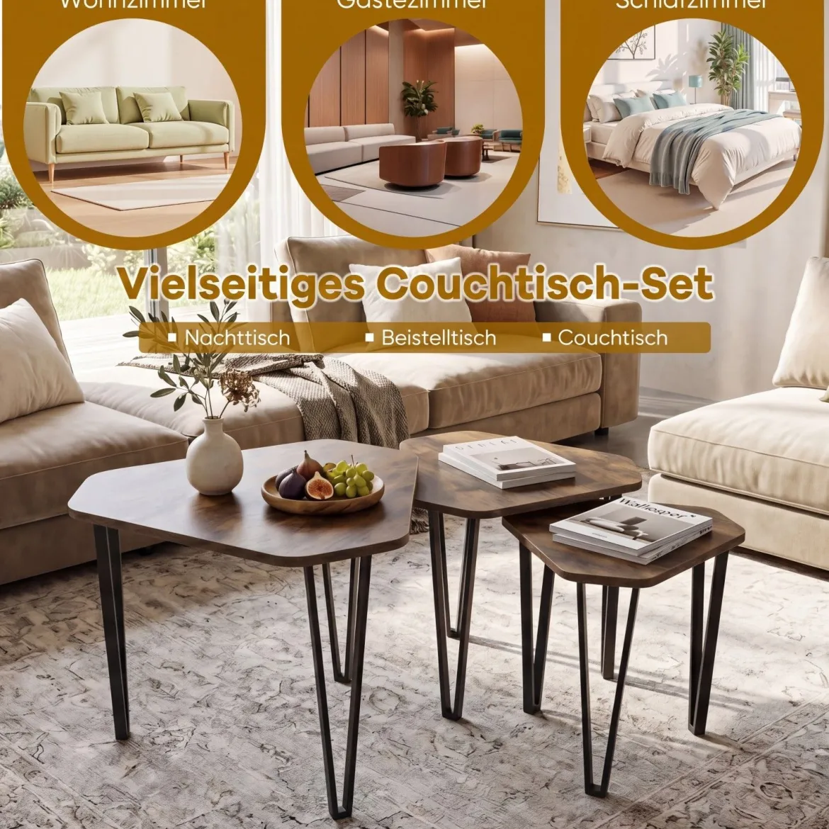 Beistelltisch 3er Set Verschachtelter Couchtisch in 3 Größen Satztisch mit Beinen aus Stahl Braun