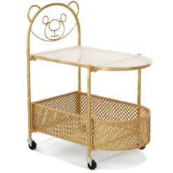 Beistelltisch Glas mit Rollen 2-stufiger Glastisch mit Bärenmuster 60 x 40 x 76 cm Gold/Weiß