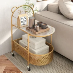 Beistelltisch Glas mit Rollen 2-stufiger Glastisch mit Bärenmuster 60 x 40 x 76 cm Gold/Weiß