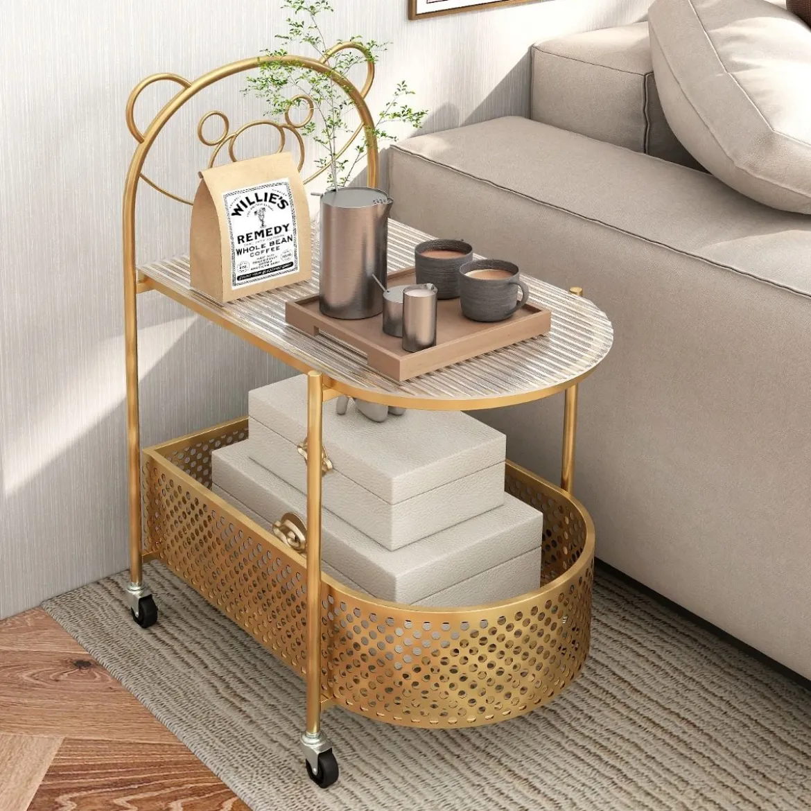 Beistelltisch Glas mit Rollen 2-stufiger Glastisch mit Bärenmuster 60 x 40 x 76 cm Gold/Weiß