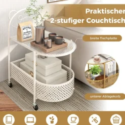 Beistelltisch Glas mit Rollen 2-stufiger Glastisch mit Bärenmuster 60 x 40 x 76 cm Gold/Weiß