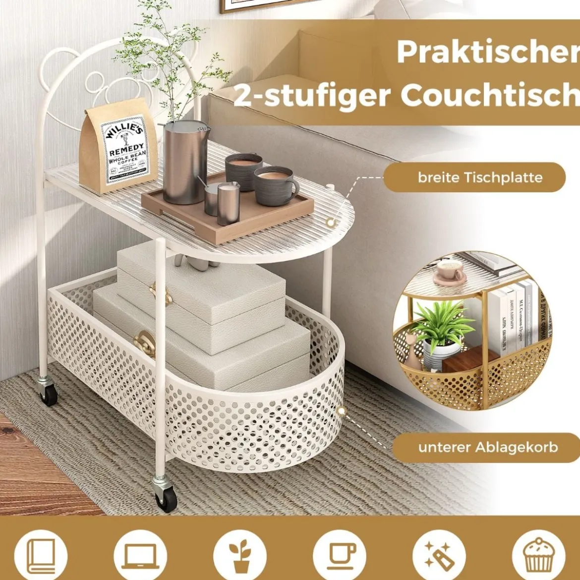 Beistelltisch Glas mit Rollen 2-stufiger Glastisch mit Bärenmuster 60 x 40 x 76 cm Gold/Weiß