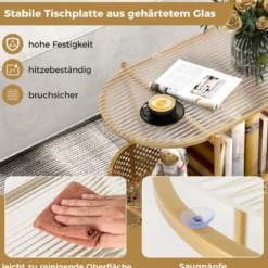 Beistelltisch Glas mit Rollen 2-stufiger Glastisch mit Bärenmuster 60 x 40 x 76 cm Gold/Weiß