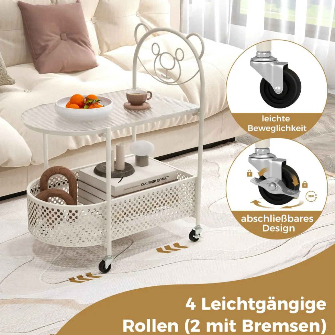 Beistelltisch Glas mit Rollen 2-stufiger Glastisch mit Bärenmuster 60 x 40 x 76 cm Gold/Weiß