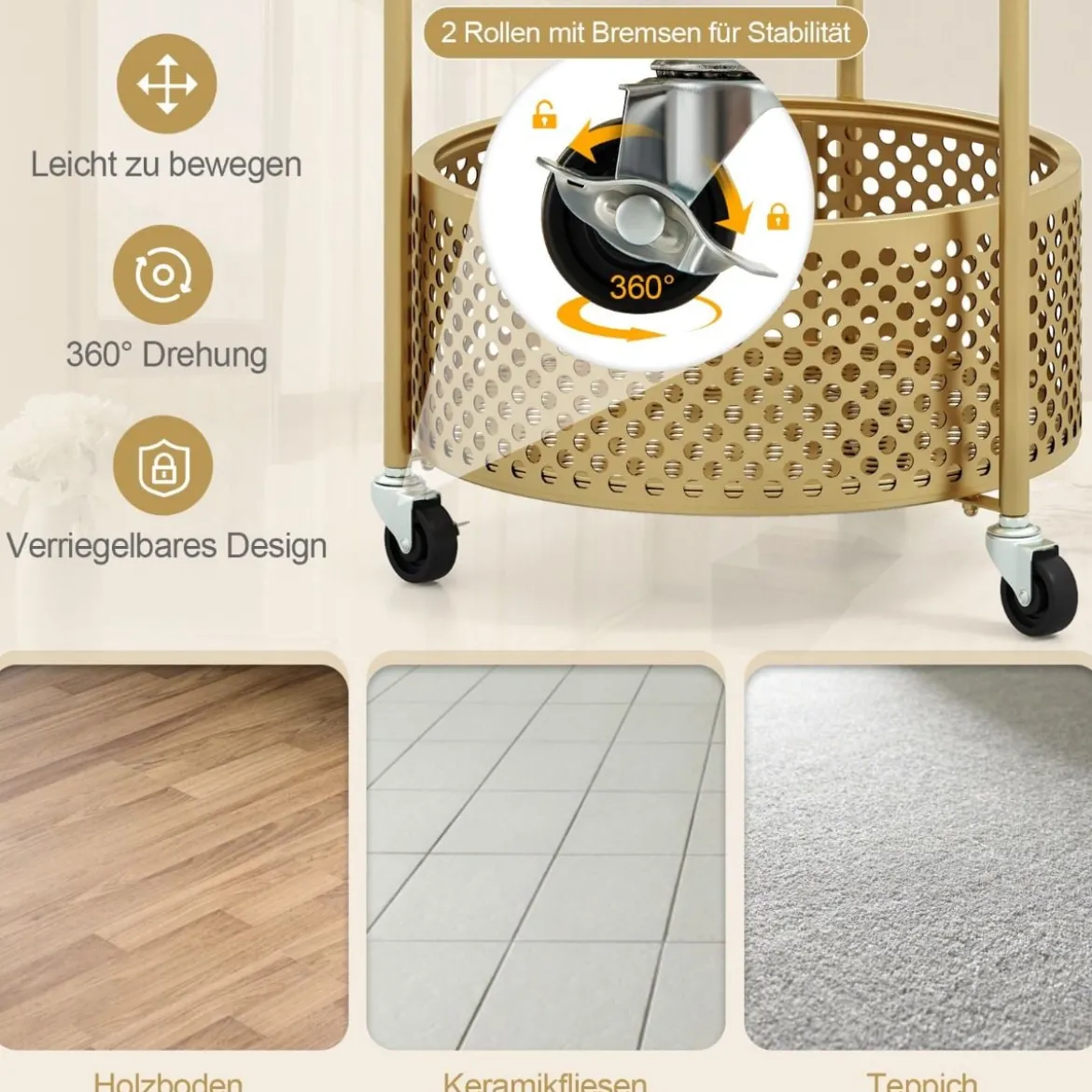 Beistelltisch Glas mit Rollen 2-stufiger Glastisch rund mit Bärenmuster Gold/Weiß