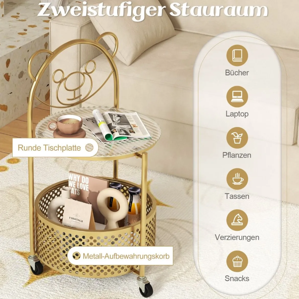 Beistelltisch Glas mit Rollen 2-stufiger Glastisch rund mit Bärenmuster Gold/Weiß