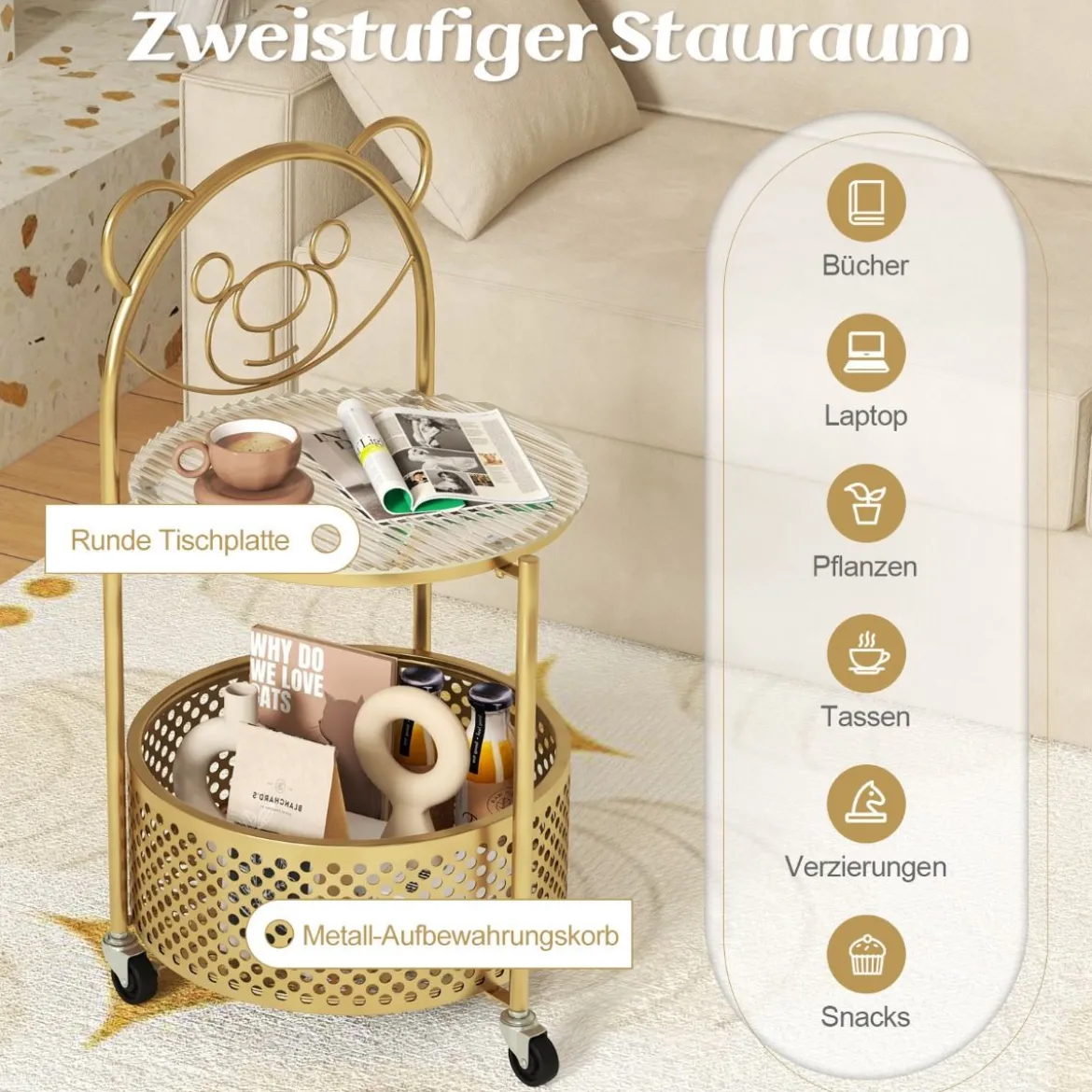 Beistelltisch Glas mit Rollen 2-stufiger Glastisch rund mit Bärenmuster Gold/Weiß
