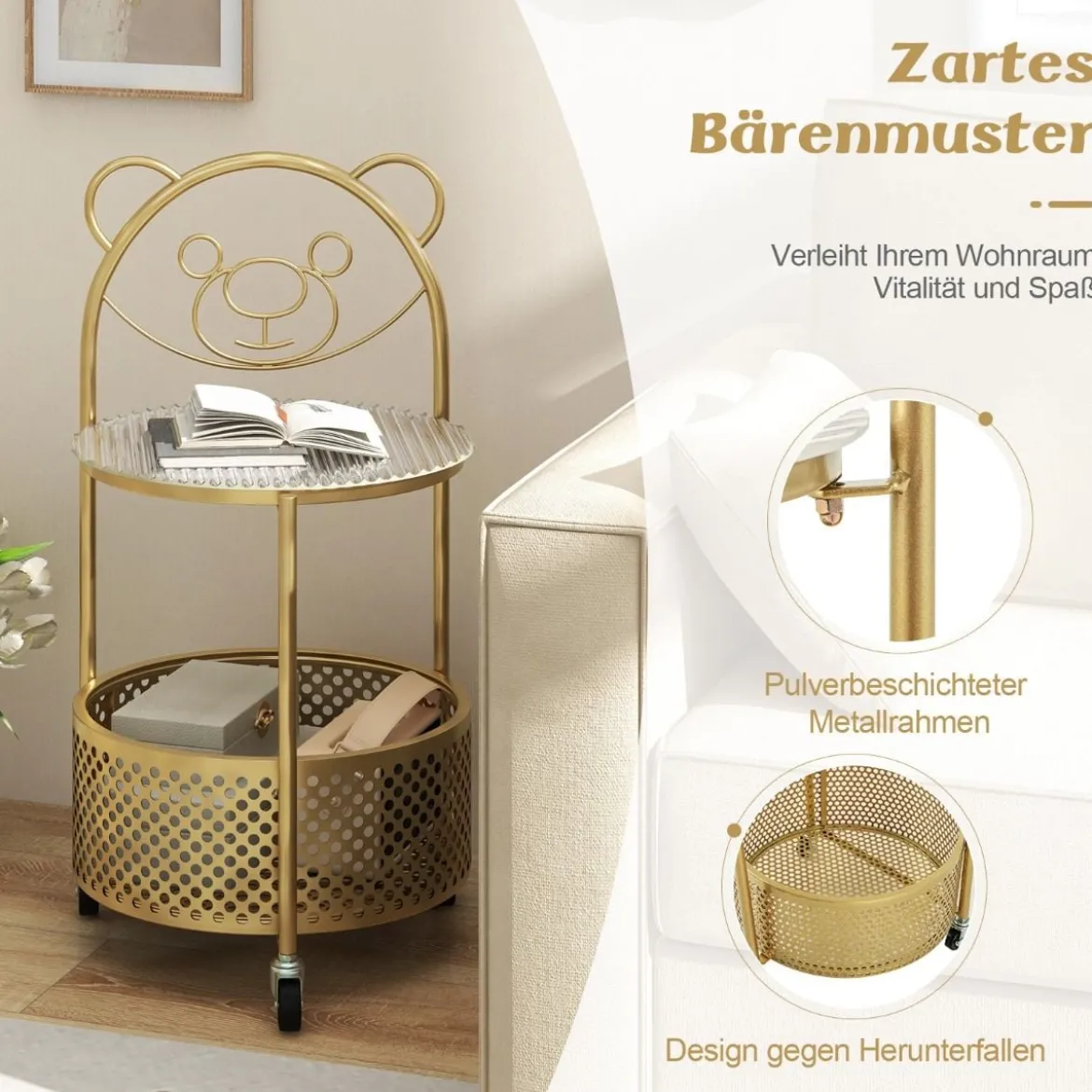 Beistelltisch Glas mit Rollen 2-stufiger Glastisch rund mit Bärenmuster Gold/Weiß