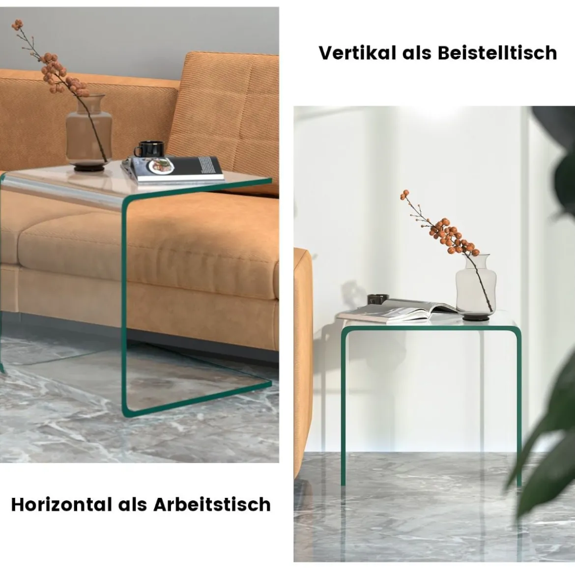 Beistelltisch Glas Nachttisch U-förmig transparenter Glastisch quadratisch 45 x 45 x 41 cm