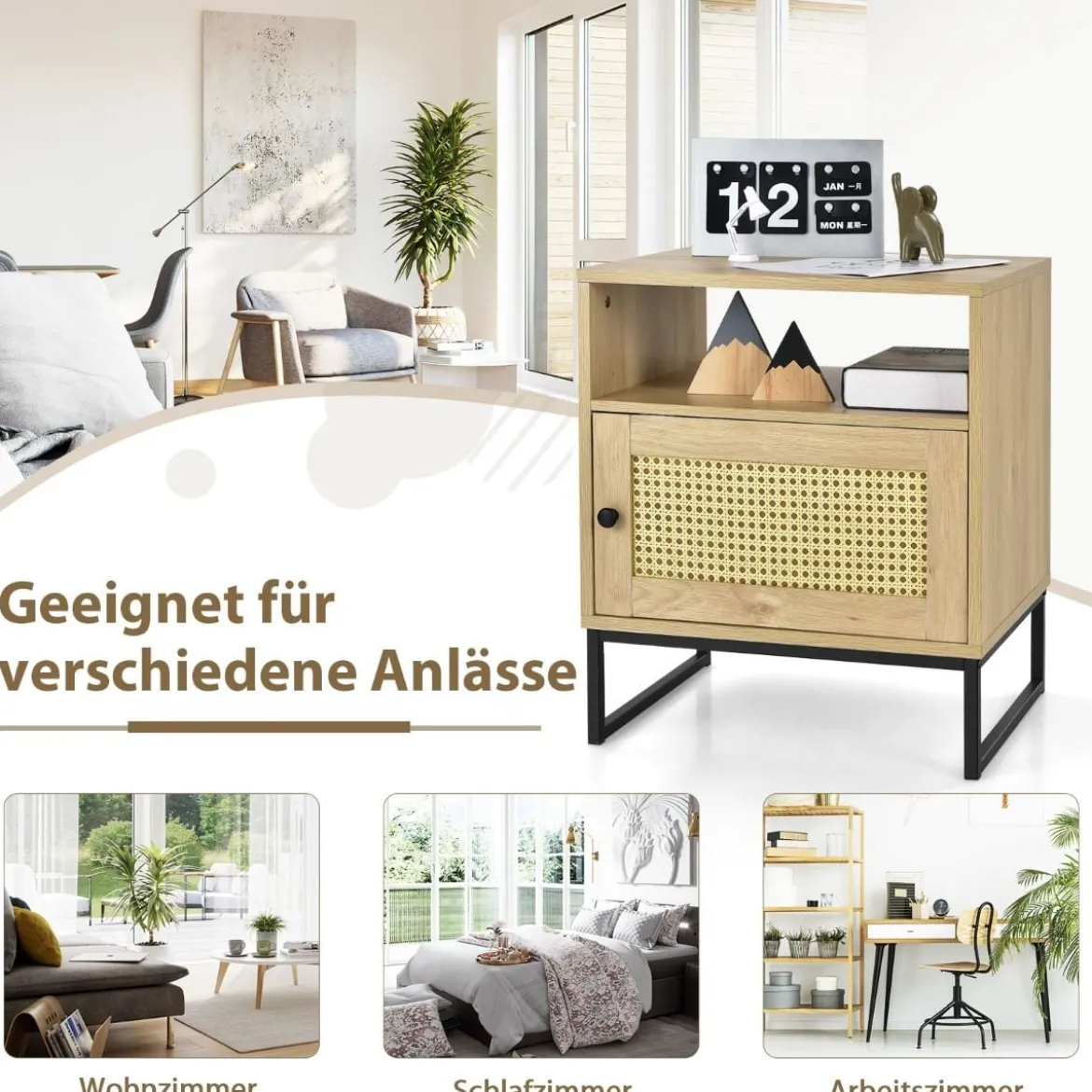 Beistelltisch Holzbeistelltisch mit Regal Nachttische mit Stahlsockel 48 x 40 x 56 cm Natur + Schwarz
