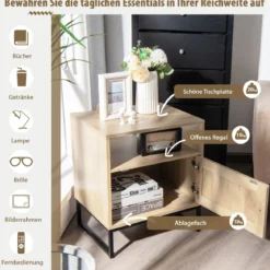 Beistelltisch Holzbeistelltisch mit Regal Nachttische mit Stahlsockel 48 x 40 x 56 cm Natur + Schwarz