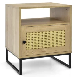 Beistelltisch Holzbeistelltisch mit Regal Nachttische mit Stahlsockel 48 x 40 x 56 cm Natur + Schwarz