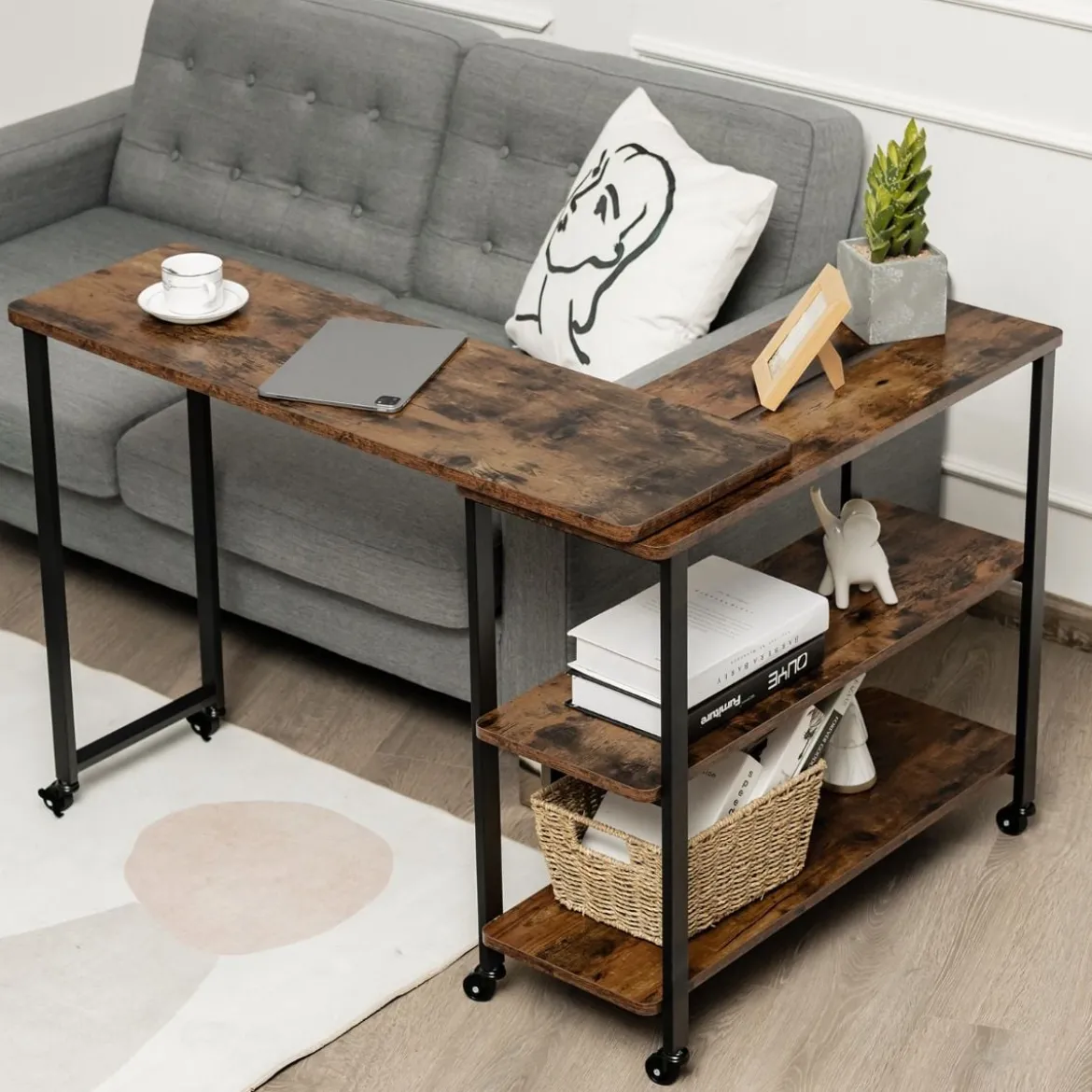 Beistelltisch Holz Couchtisch L-Form Tischplatte 360° drehbar 3 Ebenen Wohnzimmertisch Vintage 101 x 82,5 x 72,5 cm