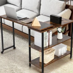 Beistelltisch Holz Couchtisch L-Form Tischplatte 360° drehbar 3 Ebenen Wohnzimmertisch Vintage 101 x 82,5 x 72,5 cm