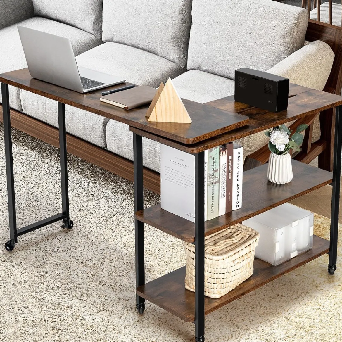 Beistelltisch Holz Couchtisch L-Form Tischplatte 360° drehbar 3 Ebenen Wohnzimmertisch Vintage 101 x 82,5 x 72,5 cm