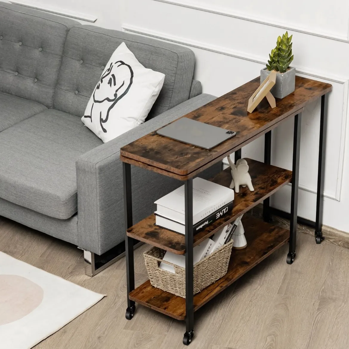 Beistelltisch Holz Couchtisch L-Form Tischplatte 360° drehbar 3 Ebenen Wohnzimmertisch Vintage 101 x 82,5 x 72,5 cm