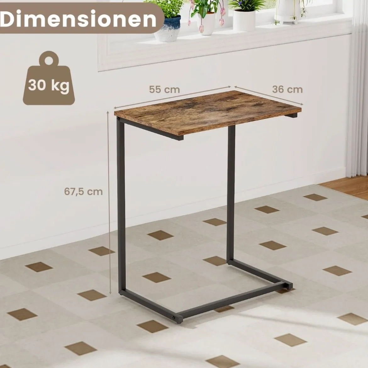 Beistelltisch Holz Metall Laptoptisch C-förmig Sofatisch 55 x 36 x 67 cm Schwarz + Braun