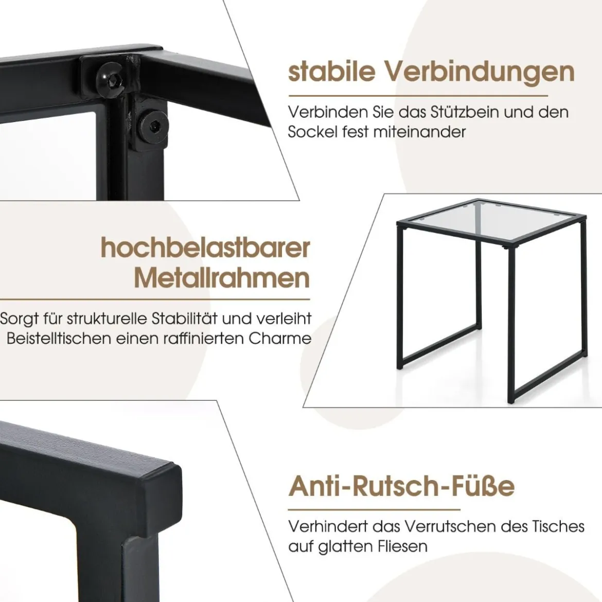 Beistelltisch Kleiner Gartentisch Balkontisch mit Tischplatte aus gehärtetem Glas 43 x 43 x 45 cm Schwarz