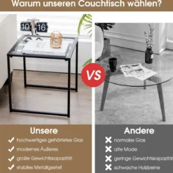 Beistelltisch Kleiner Gartentisch Balkontisch mit Tischplatte aus gehärtetem Glas 43 x 43 x 45 cm Schwarz