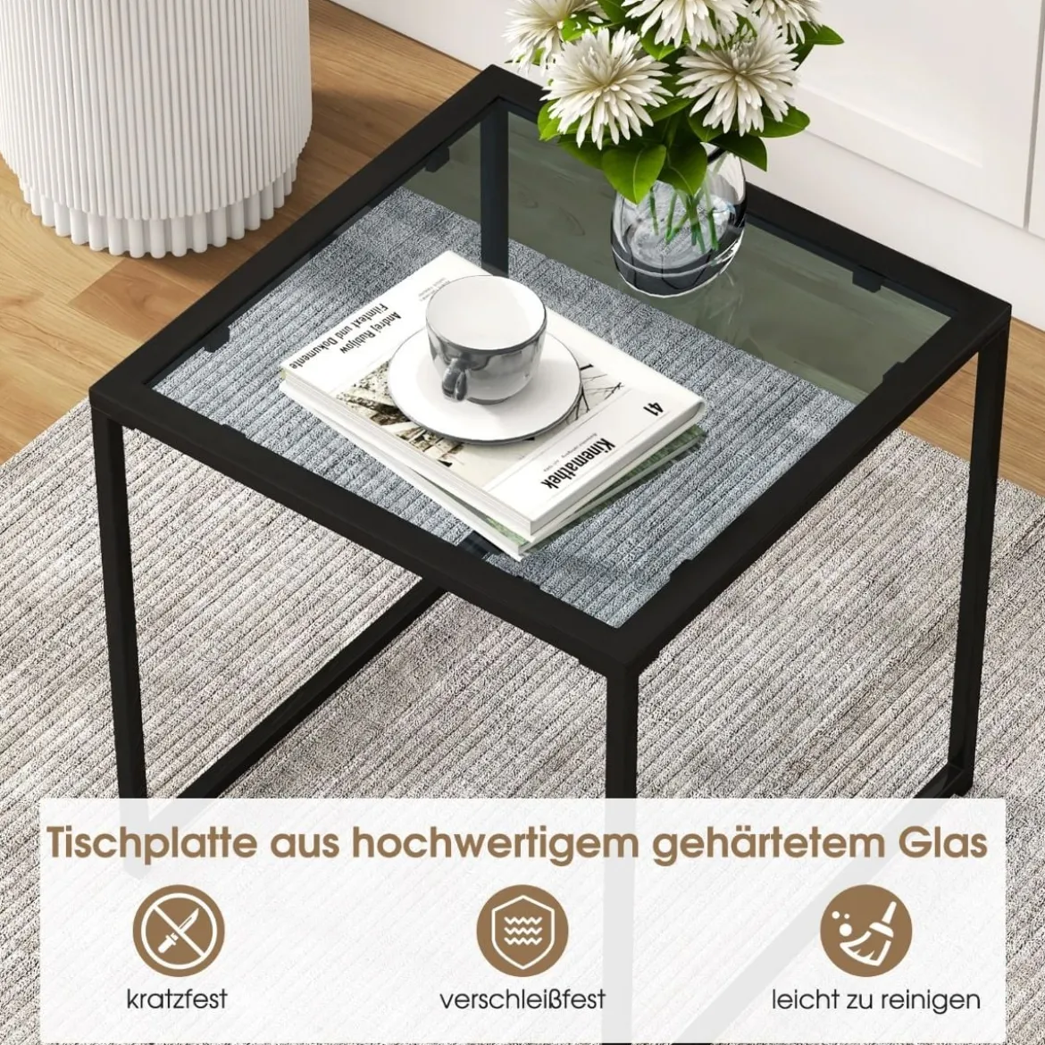 Beistelltisch Kleiner Gartentisch Balkontisch mit Tischplatte aus gehärtetem Glas 43 x 43 x 45 cm Schwarz