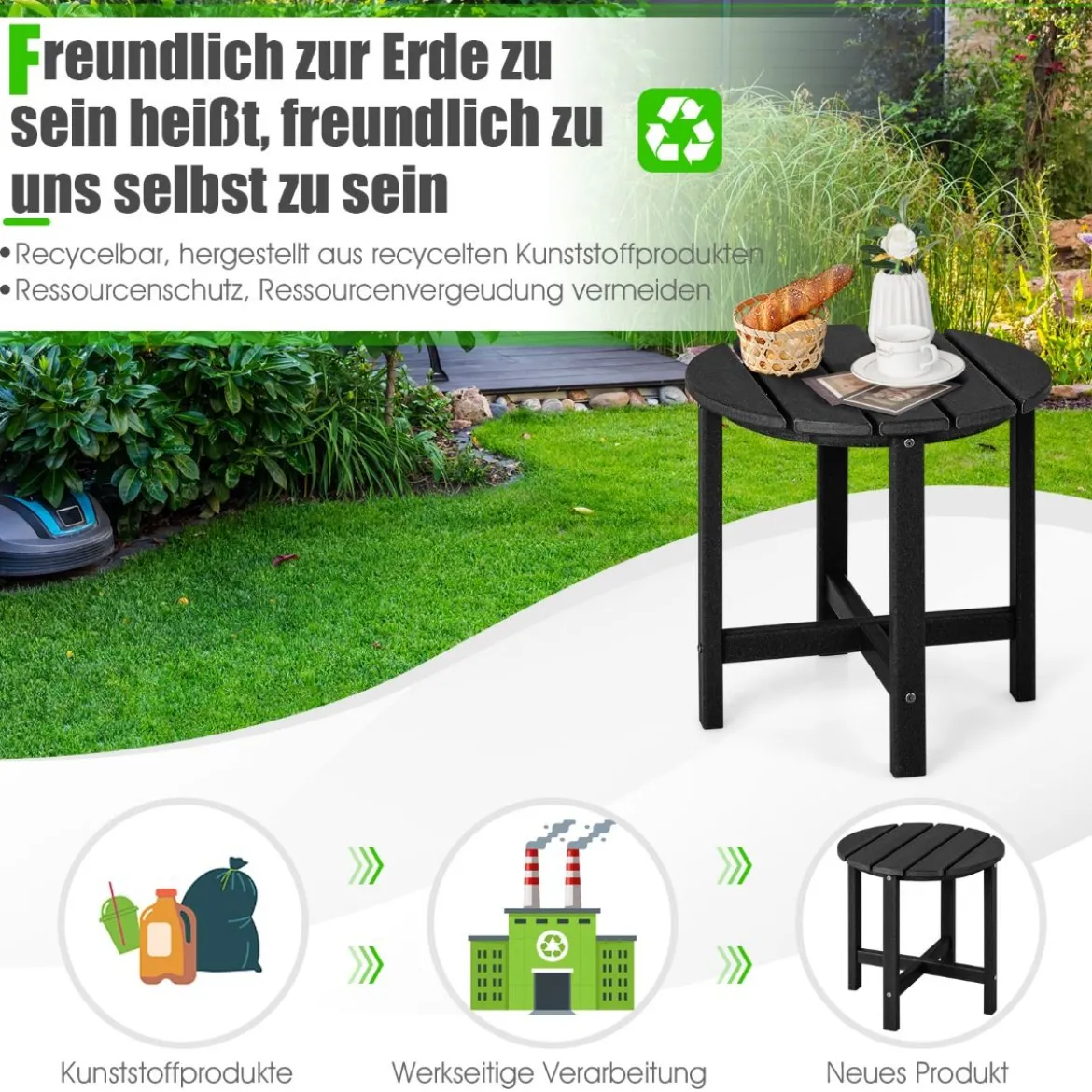 Beistelltisch Kleiner Gartentisch aus UV-beständigem Kunststoff Schwarz/Teak/Grau/Weiß