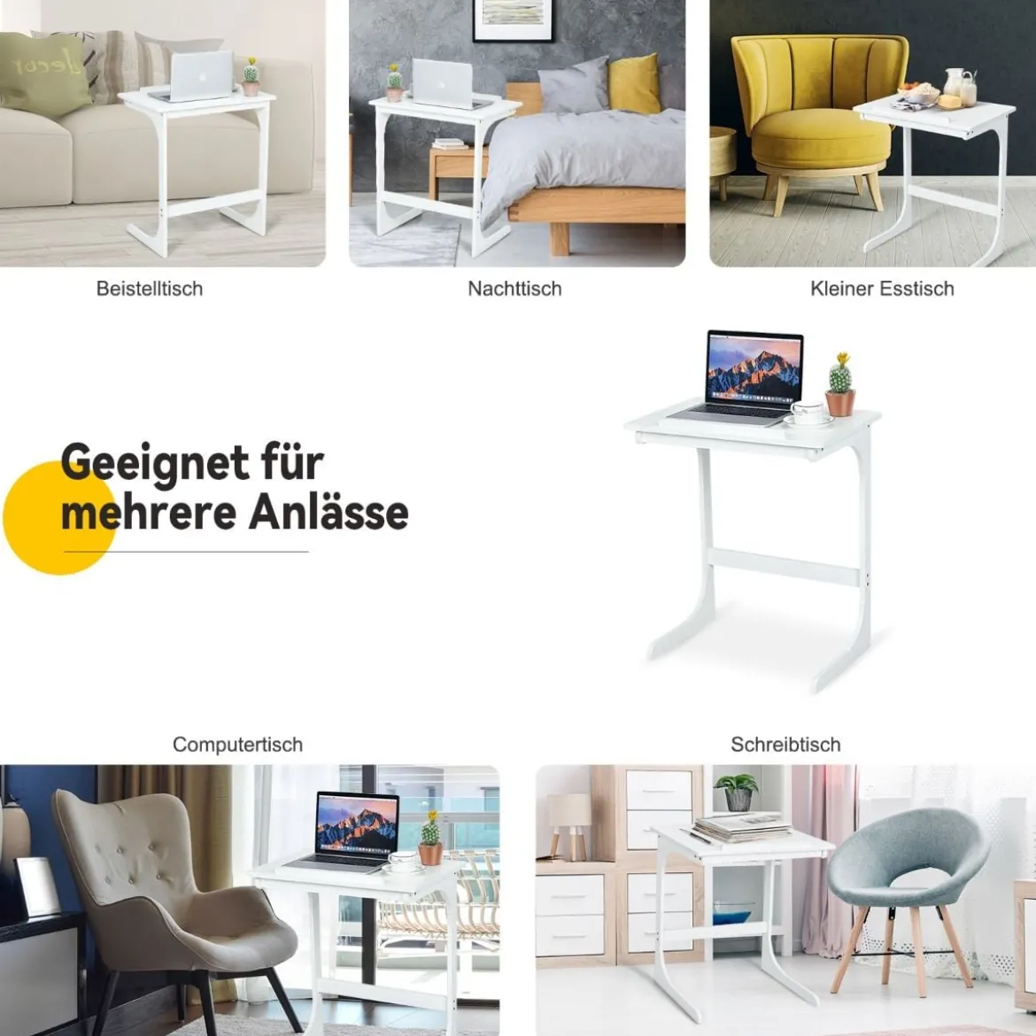 Beistelltisch Laptoptisch C-förmig Kaffeetisch Computertisch Bambus Stehtisch mit Metallgestell Couchtisch Weiß