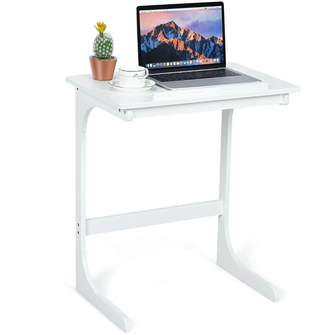 Beistelltisch Laptoptisch C-förmig Kaffeetisch Computertisch Bambus Stehtisch mit Metallgestell Couchtisch Weiß