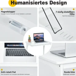 Beistelltisch Laptoptisch C-förmig Kaffeetisch Computertisch Bambus Stehtisch mit Metallgestell Couchtisch Weiß