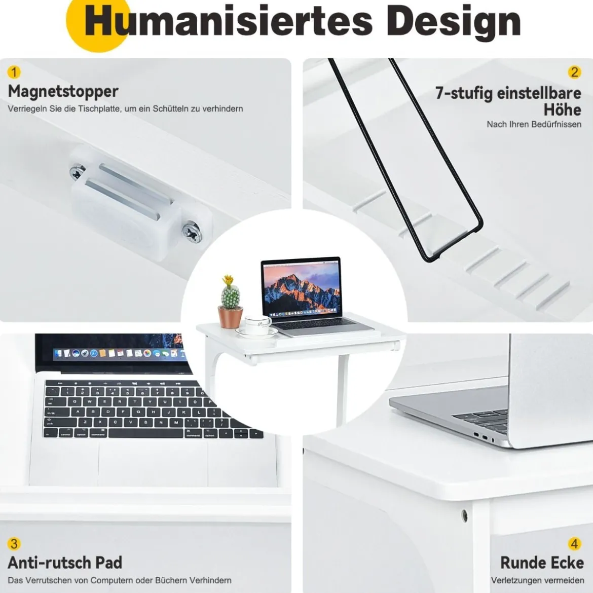 Beistelltisch Laptoptisch C-förmig Kaffeetisch Computertisch Bambus Stehtisch mit Metallgestell Couchtisch Weiß