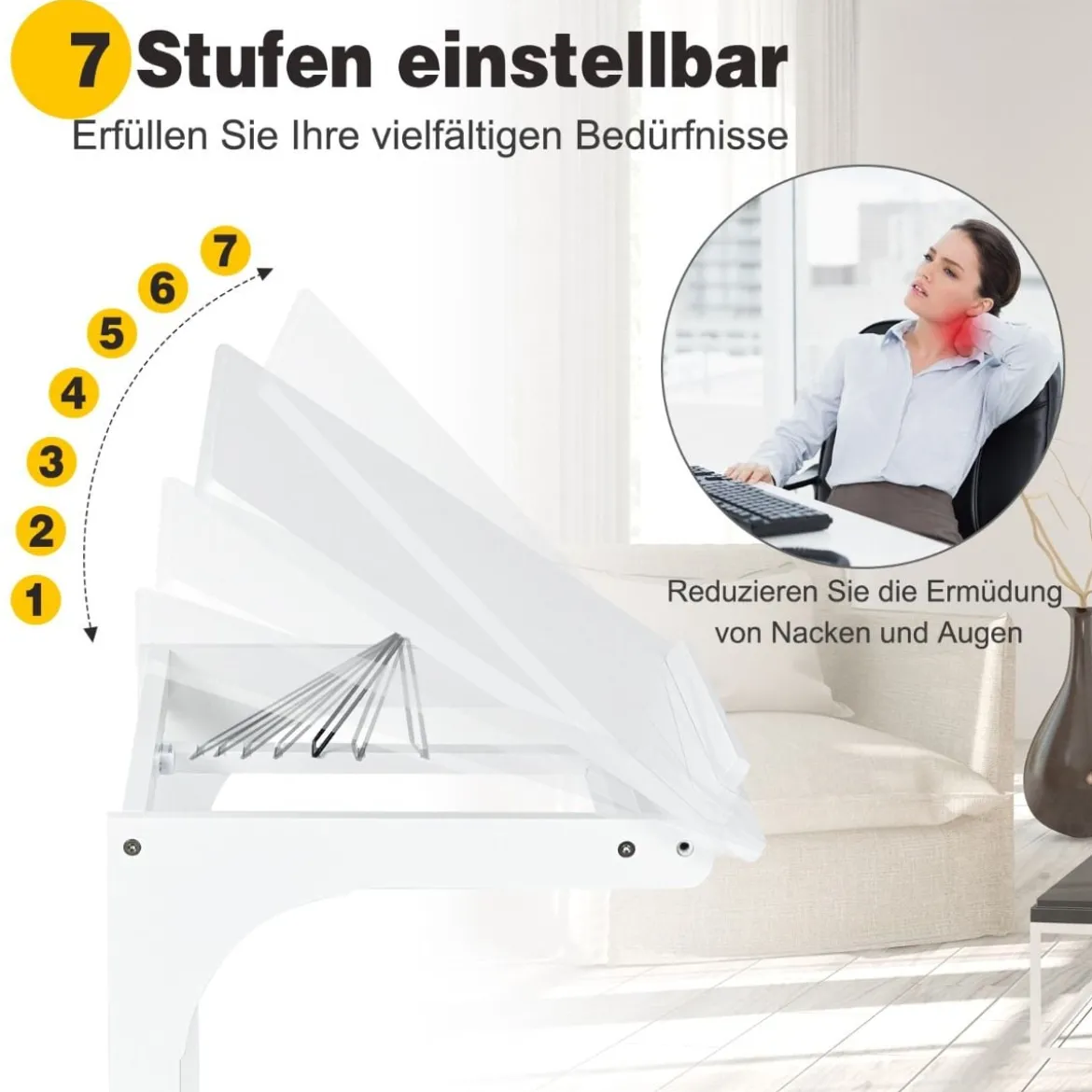 Beistelltisch Laptoptisch C-förmig Kaffeetisch Computertisch Bambus Stehtisch mit Metallgestell Couchtisch Weiß